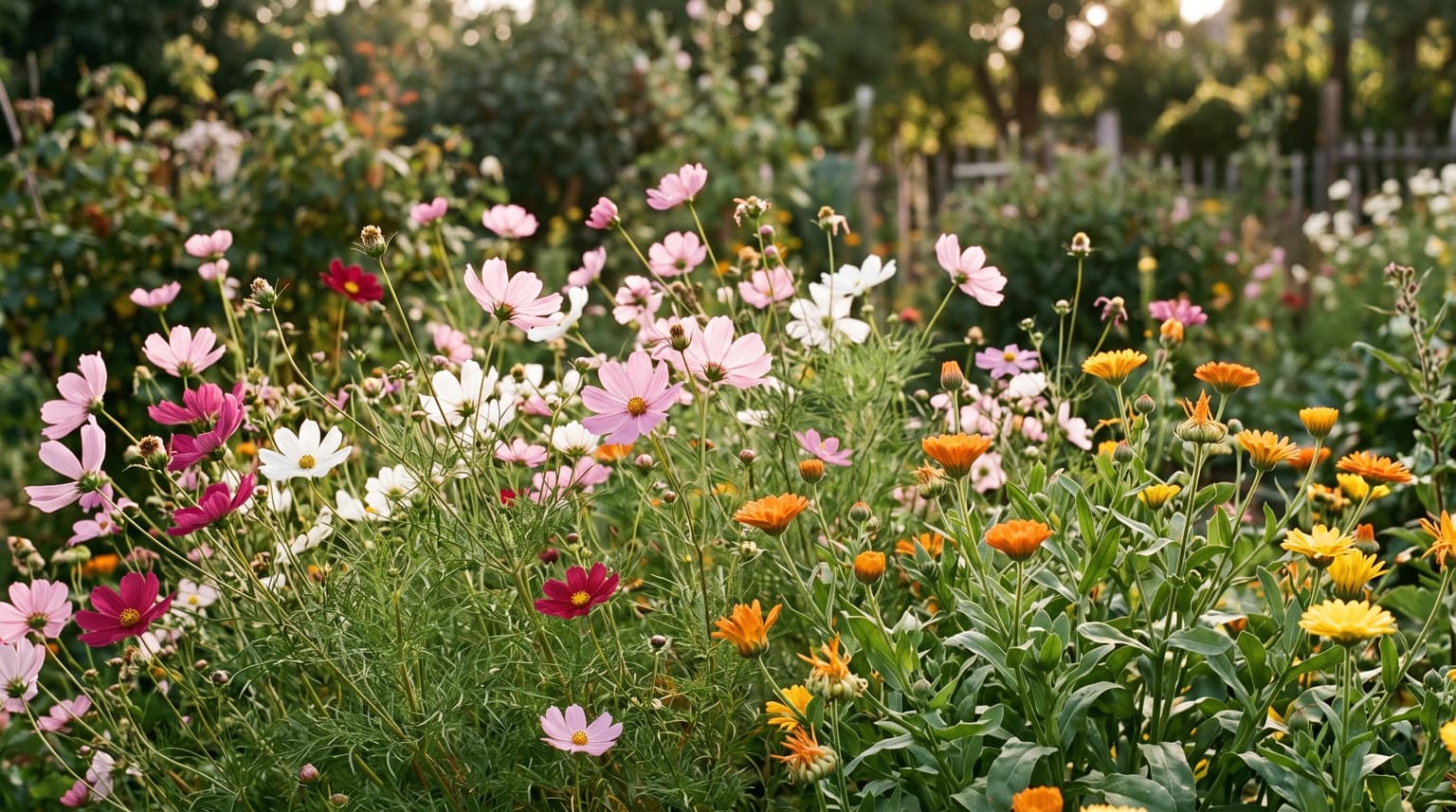 A sunny border full of cosmos, calendula, and sunflowers in mixed colours, buzzing with bees.