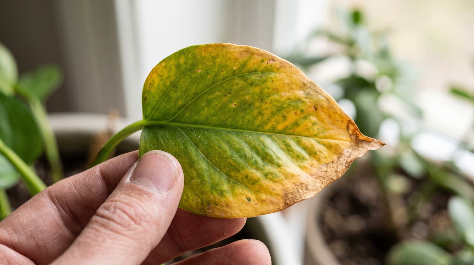 Close view of a houseplant leaf turning yellow from the edges inward, held between two fingers.