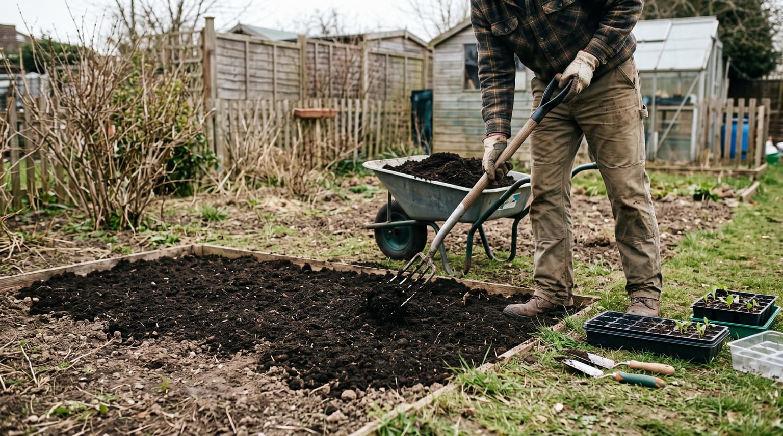 A gardener spreading compost over a cleared early-spring bed, with seed trays and a fork nearby.