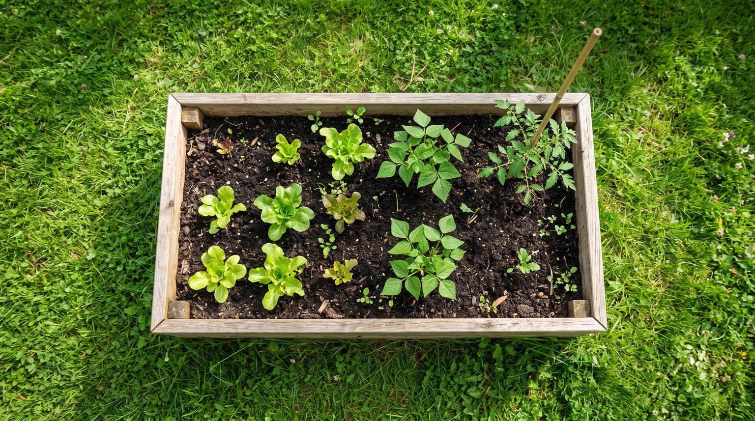 A small raised vegetable bed with rows of lettuce, bush beans, and a staked cherry tomato plant.