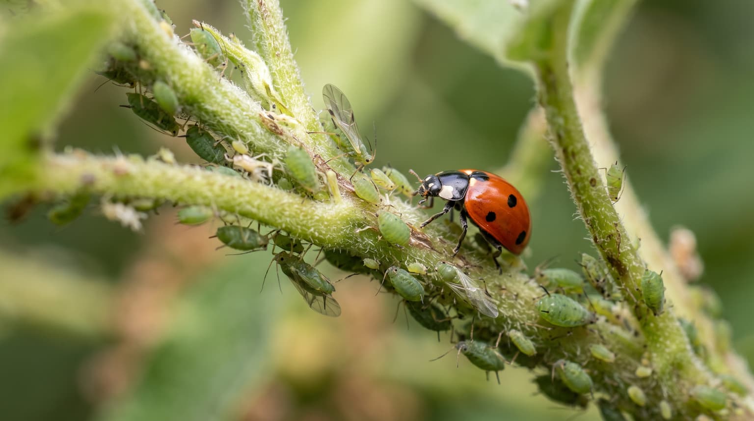 A rose shoot covered in green aphids with a ladybird beetle moving in to feed on them.