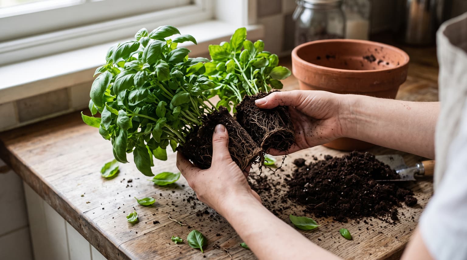 Hands dividing a dense supermarket basil pot into two clumps on a kitchen counter, with an empty larger pot ready.
