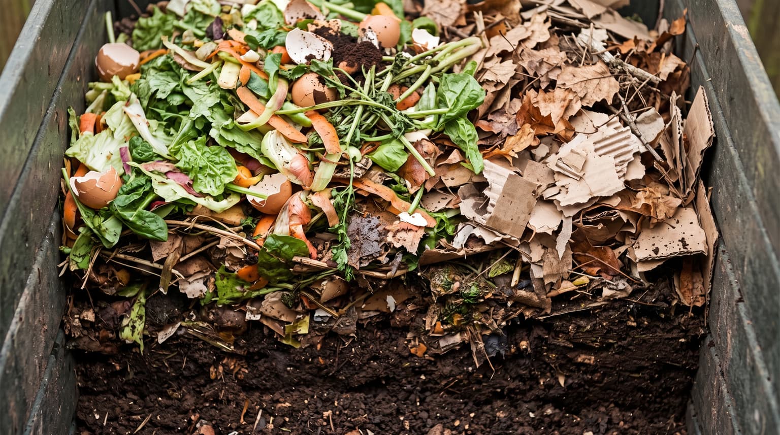 An open compost bin showing layers of green kitchen scraps, brown dry leaves, and dark finished compost at the base.