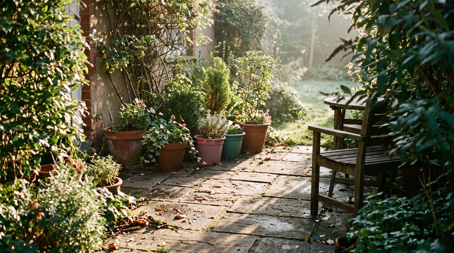 Morning sunlight falling across a small patio with pots, casting long shadows.