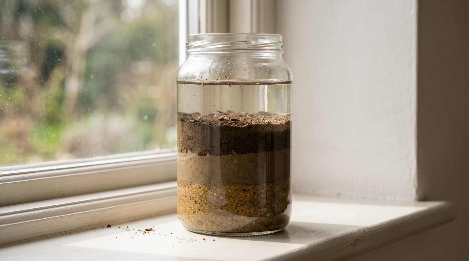 A glass jar of soil and water that has settled into visible layers of sand, silt, and clay on a windowsill.